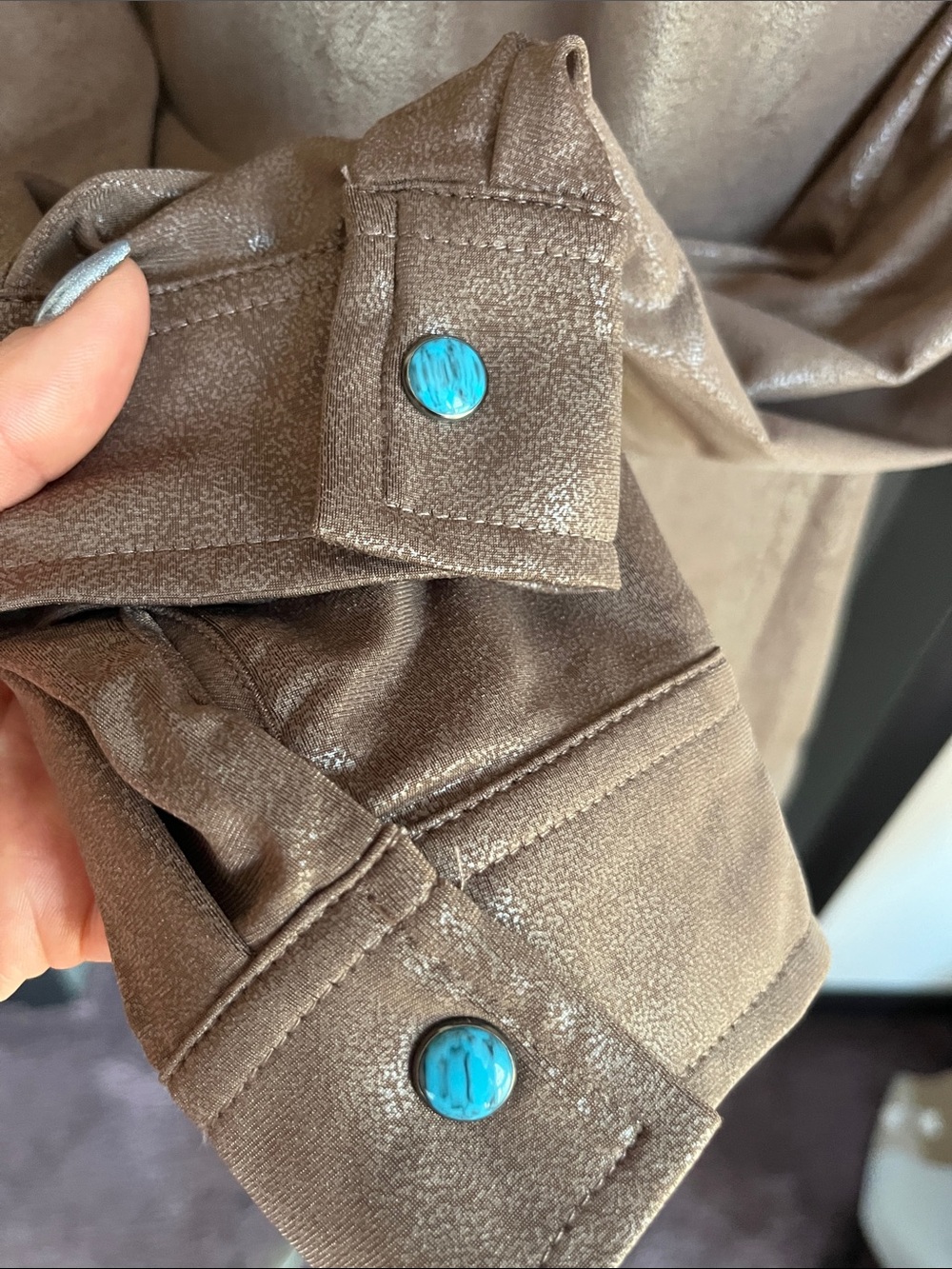 Brown Shimmery Leather Look Pearl Snap Shirt with Turquoise Snaps NWOT - Picture 8 of 9